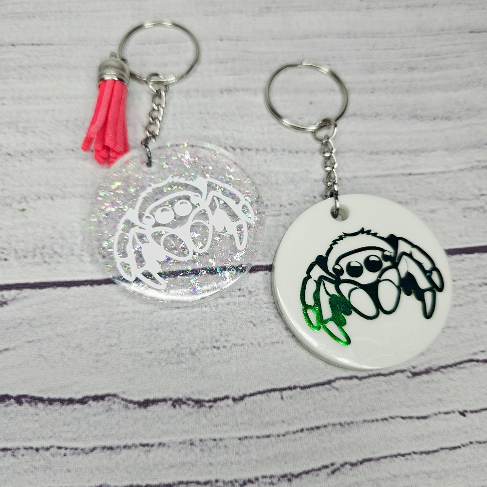 Jumping spider keychain set. Exotic pet purse charms
